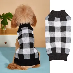 Cozy black and white plaid dog sweater, warm knit pet clothing for small dogs and puppies.