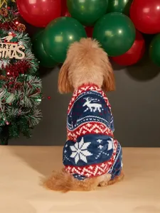 Fleece dog sweater with cute reindeer and snowflake pattern for winter warmth and comfort