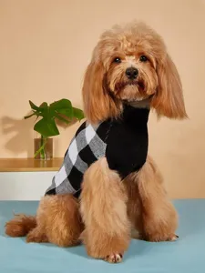 Cozy black and white plaid dog sweater detail shot, warm knit pet apparel for small dogs.