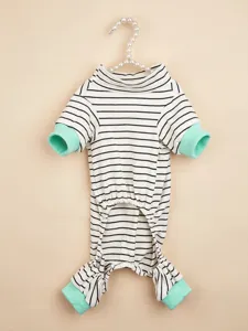 Detailed view of striped pet jumpsuit with high neck and mint green cuffs for small dogs.