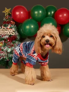 Detailed view of cozy pet fleece jumpsuit with Nordic snowflake and Christmas pattern.