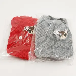 Plush pet dog clothes in red and grey, warm fleece high collar apparel with dog patch.