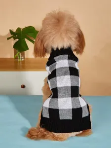 Detail view of the stylish plaid dog sweater knitted with black and white pattern for small pets.