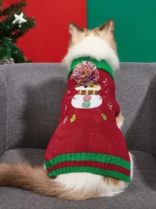 Christmas knit pet sweater featuring a cute snowman, pom-pom, and cozy red green design for cats dogs.