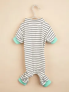 Cozy striped pet jumpsuit with green cuffs, perfect for dogs like Bichon and Schnauzer daily wear.