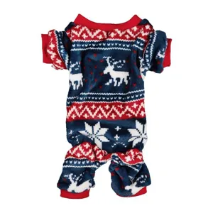 Detailed view of the warm coral fleece pet jumpsuit with festive reindeer and snowflake patterns.