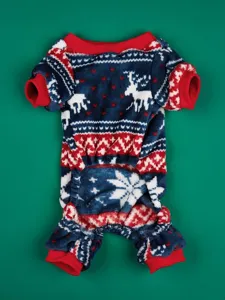 Cozy fleece pet dog winter four leg jumpsuit with classic christmas reindeer snowflake pattern.