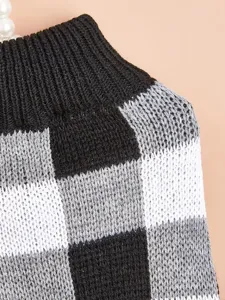 Classic black grey plaid pet sweater detail, soft knit dog clothes for small dogs.
