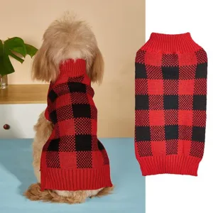 Dog knitted sweater featuring a classic red and black plaid design, warm pet winter apparel.