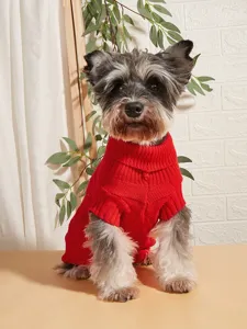 Red knitted dog sweater with turtleneck and classic plaid pattern for small pets puppy apparel