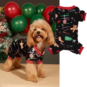 Christmas pet coral fleece four-leg pajamas warm puppy jumpsuit with cute gingerbread print