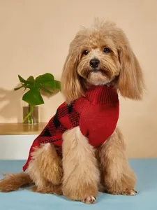 Detailed shot of a red and black plaid dog sweater, knitted pet apparel for small dogs.