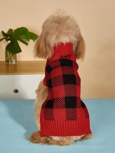 Pet knitted sweater back view showing red and black plaid pattern for small dogs like poodles.