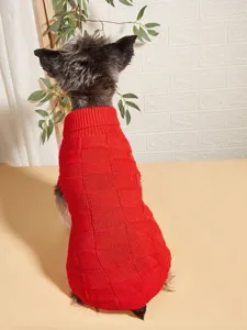 Classic red checkered knit dog sweater, warm turtleneck pet clothing for small dogs and puppies.