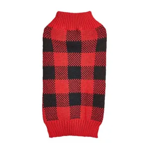 Detailed view of the red and black buffalo plaid pet sweater, showing fine knit texture.
