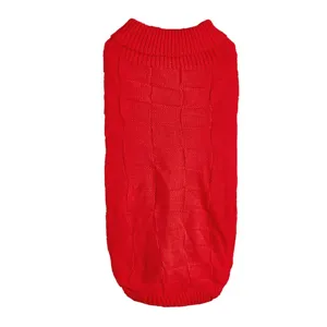 Red knitted dog sweater with classic grid pattern and lapel design for warm winter wear.