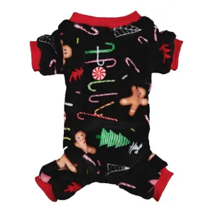 Christmas pet fleece four-leg pajamas warm coral velvet dog clothes with gingerbread print