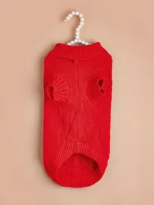 Red dog sweater knit plaid lapel warm pet apparel detail view for small dogs puppy winter wear