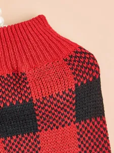 Close-up detail of red and black plaid knitted dog sweater, cozy high neck pet winter apparel.