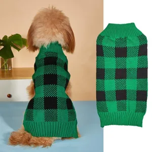 Green and black plaid pet sweater for small dogs, cozy knit dog winter clothes apparel.