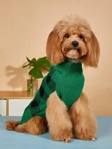 Detailed view of green dog knit sweater featuring classic black argyle pattern and turtleneck.