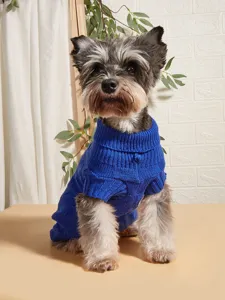 Blue knit dog sweater with turtleneck and grid pattern, warm pet apparel for winter daily wear.