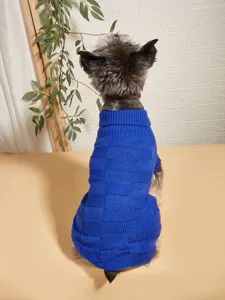 Classic blue dog sweater with square knit pattern, cozy turtleneck, warm pet apparel for winter.