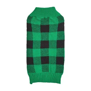 Close-up detail of green and black checkered knit pet sweater, soft texture, cozy winter wear.