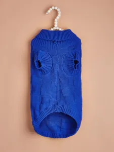 Detail view of blue pet knitted sweater with cozy lapel and elastic grid texture.