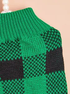 Green and black plaid pet knit sweater detail shot, cozy high-neck dog clothes for small pets.