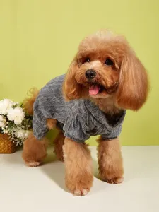 Cozy grey knitted four-leg pet sweater detail showing soft texture for poodles and small dogs.