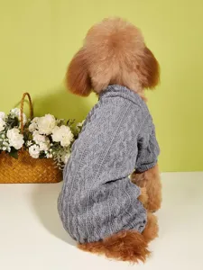Grey cable knit dog sweater detail view, cozy four-leg pet jumpsuit for poodle and bichon.