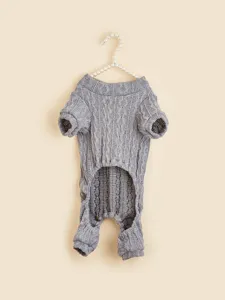 Grey knit four-leg pet sweater with classic cable pattern, perfect for small dogs details.