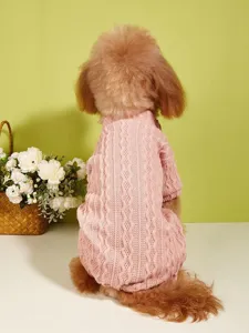 Cute pink knitted dog sweater with vertical stripes, comfortable four leg pet apparel detail