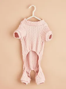 Pink knit four-leg dog sweater with vertical stripes and pearl hanger detail for small pets.