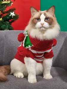 Christmas pet knitted sweater red green striped pom-pom warm cat puppy winter clothing