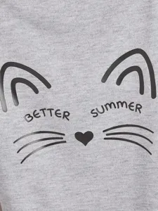 Grey summer pet vest clothing detail shot, cute cat face print breathable fabric pet supply.