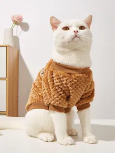 Close-up view of the soft brown coral fleece pet sweater, featuring a cozy ribbed crew neck.