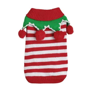 Festive red and white striped pet sweater with cute green collar and pom-pom details for winter.
