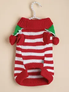 Christmas pet sweater detail showing red white stripes, green lapel and cute pom-pom design.
