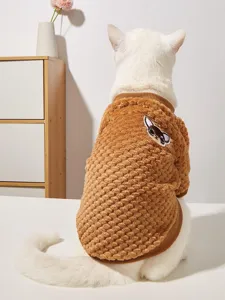 Brown pet fleece sweater with cute cartoon embroidery, cozy ribbed crew neck for dogs and cats.