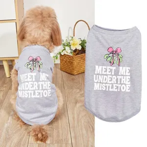 Detailed view of gray pet vest with cute bow and festive letter print for dogs and cats.