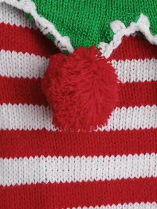 Christmas pet knitted sweater detail with red white stripes and cute pom-pom for dogs cats