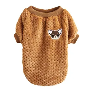 Brown coral fleece pet sweater, cozy ribbed crewneck and cute puppy embroidery detail.