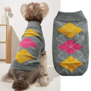 Detailed view of the cozy dog sweater with classic argyle pattern and stylish lapel design.