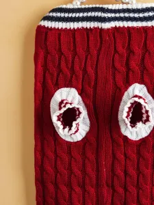 Red cable knit pet sweater detail with pearl and striped collar, cozy dog cat winter cloth.