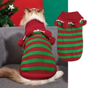Christmas pet knitted sweater with red green stripes, pom-poms and lapel design for cats and small dogs.