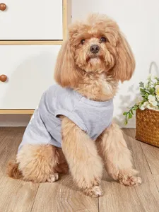 Close-up detail of grey summer pet tank top with white letter print on back for cute dogs