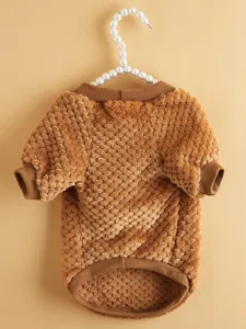 Cozy brown coral fleece pet sweater with ribbed crew neck design for cute small dogs daily wear.