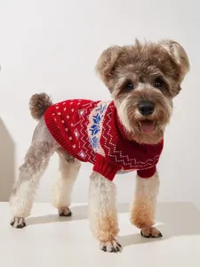 Detailed view of warm winter dog knit sweater with classic Nordic snowflake and wave patterns.